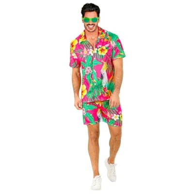 Immagine di WIDMANN MILANO PARTY FASHION Completo Hawaii, camicia a maniche corte e pantaloncini, fiori, aloha, festa in spiaggia, travestimento