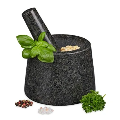Immagine di Relaxdays Mortaio e Pestello, in Granito, Robusto, Erbe Aromatiche Spezie, Pietra Lucida, D: 13,5 cm, Grigio Scuro