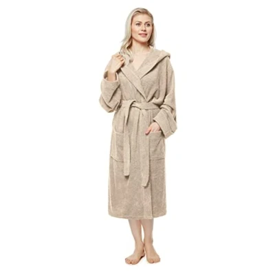 Immagine di Arus Accappatoio da donna con cappuccio, lunghezza al polpaccio, 100% cotone spugna, Taglia donna: XL, unisex: L Latte