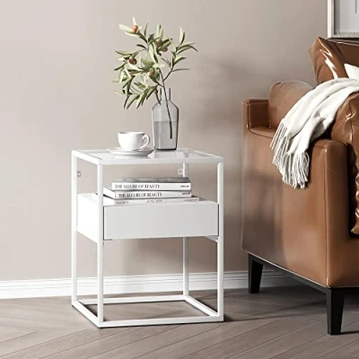 Immagine di [en.casa] Comodino in Acciaio Tavolino da Divano 51 x 40 cm Basso con Piano Tavolo Vetro Temperato a Cubo Cassetto e Scomparto Aperto Bianco opaco