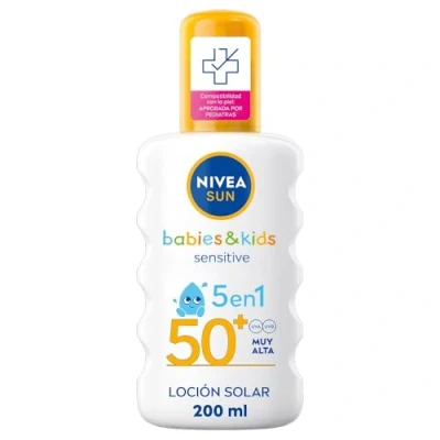 Immagine di NIVEA SUN Babies &amp; Kids Sensitive Spray solare FP50+ (1 x 200 ml), protezione per bambini, molto alta ridurre il rischio di allergie solari