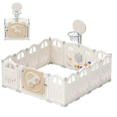 Immagine di UBRAVOO box per bambini pieghevole con mini canestro da basket e palline colorate 50 pezzi, a tema auto neonati piccoli (14 pannelli, Bianco Latte)