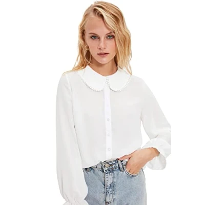Immagine di Trendyol Maglietta Semitrasparente con Colletto Bianco Maglia, 48 Donna