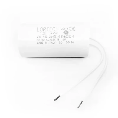Immagine di Condensatore con fili 12µF Ø36 x 69 mm Fondo piatto Made in Italy