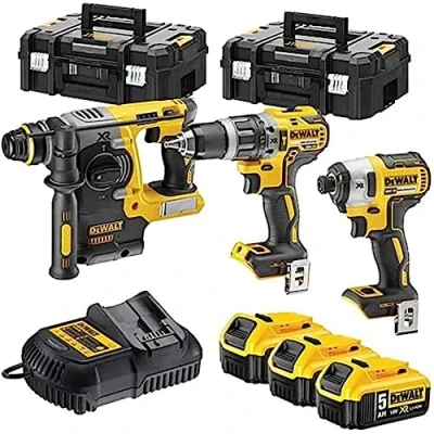 Immagine di DEWALT Kit 3 attrezzi XR 18V senza fili trapano avvitatore a percussione compatta, urti, perforatore SDS Plus, 18 V 5 Ah Li Ion, batterie, 2 scatole TSTAK DCK368P3T QW