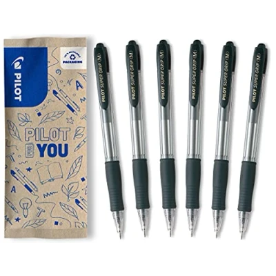 Immagine di Pilot, Super Grip a Scatto, Confezione da 6, Penna Sfera Ricaricabile con Ergonomico, Scatto Ricaricabile, Punta Media, Colore Nero