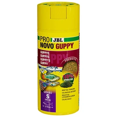 Immagine di JBL PRONOVO guppy GRANO, mangime base per e altri pesci ovovivipare da 3 10 cm, pellet pesci, dosatore a clic, taglia S, 250 ml
