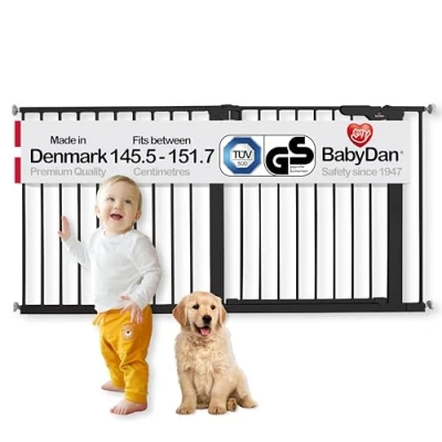 Immagine di BabyDan Premier, cancelletto extra largo per scale, copre aperture tra 145,5 151,7 cm, cancello di sicurezza, in metallo, nero, prodotto Danimarca (cancello animali domestici/cancello