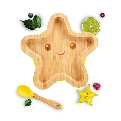 Immagine di Kleiner Fuchs Piatto di bambù alta qualità con ventosa, ventosa antiscivolo cucchiaio coordinato per bambini rende i pasti divertenti, set stoviglie in confezione regalo, imparare