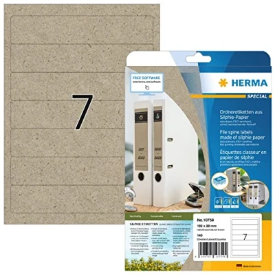 Immagine di HERMA 10759 Etichette per raccoglitori corti strette, 20 fogli, 192 x 38 mm, 7 fogli A4, 140 pezzi, autoadesive, stampabili, opache, in carta silphie bianca, colore marrone naturale