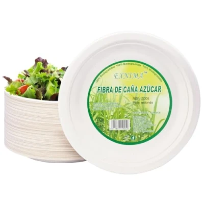 Immagine di EXNIMA, Pezzi da 50 o 100 Piatti Piani di Canna Zucchero, Biodegradabili e Compostabili, Carta 100% Ecologici, Rotondi, Monouso Resistenti per Picnic, Barbecue, Feste, Compleanni.