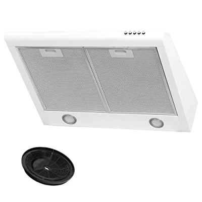 Immagine di cappa aspirante con filtro, aspirante, sottostrutto, aria di scarico/ricircolo, larghezza 60 cm, colore: bianco, alloggiamento in acciaio inox, illuminazione a LED [classe energetica C]