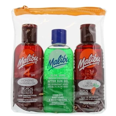Immagine di Malibu Sun Fast Tanning Travel Essentials, SPF 4 abbronzante e olio di beta carotene, gel doposole lenitivo all&#039;aloe vera, resistente all&#039;acqua, profumo cocco tropicale, 3 x 100 ml