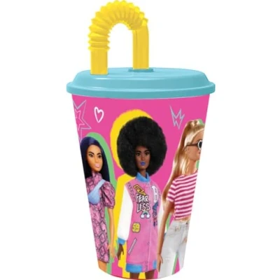 Immagine di Bicchiere rosa e azzurro per bambine in plastica Barbie 430 ml con cannuccia coperchio flessibile