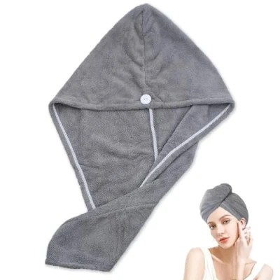 Immagine di JJHXM 1 pezzo asciugamano microfibra capelli,Extra assorbenti per capelli, Morbido turbante capelli,turbante asciugacapelli,con Chiusura a Bottone, Asciugatura Rapida(grigio)