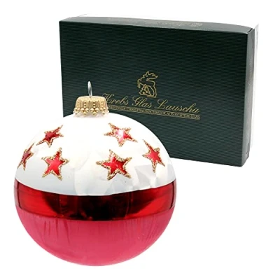 Immagine di Dekohelden24 Lauschaer (KGL10882) Set di 6 palline in vetro soffiate e decorate a mano con stelle rosse, corona d&#039;oro, dimensioni Ø ca. 8 cm, colore: Bianco ghiaccio