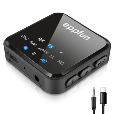 Immagine di eppfun AK3046C Ricevitore Trasmettitore Bluetooth 5.2 per TV/PC/Home Theater Impianto Stereo, aptX Adaptive LL HD Adattatore Audio Dual Link a 2 Cuffie Bluetooth, con AUX 3,5mm