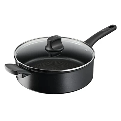 Immagine di Tefal G28837 Padella rigida Titanium On con coperchio, 28 cm, in alluminio, rivestimento antiaderente, indicatore di temperatura, per tutti i piani cottura, adatta a induzione, colore: nero