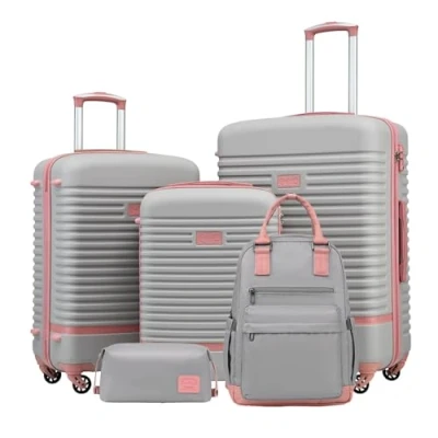 Immagine di COOLIFE Set Valigie,Set di Valigie,Trolley da viaggio con 4 Rotelle Girevoli a 360 TSA Serratura 1 zaino e Borsa toilette Incluso (Rosa/Grigio, 5 Pezzi)
