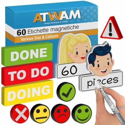 Immagine di ATWAM 60 Etichette Strisce Magnetiche Scrivibili Set MEGA Accessori 5 Dimensioni Diverse 6 Colori Scrum &amp; Kanban Magneti Per Lavagne Magnetiche, Frigoriferi