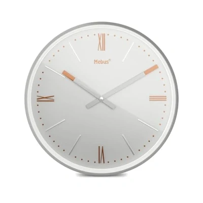 Immagine di Mebus Piccolo orologio da parete radio TinyTime con numeri romani, senza ticchettio, diametro 25 cm, quadrante classico grigio chiaro, cassa argentata, accenti color rame, 19779