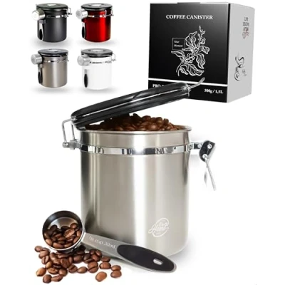 Immagine di Pro@Home43® Barattolo caffe ermetico 500g Argento Contenitore per caffè in grani acciaio inox 1,5L con funzione di calendario, incluso cucchiaio dosatore, fornito confezione regalo