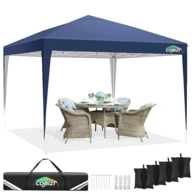 Immagine di COBIZI gazebo pieghevole 3 x 3, impermeabile, stabile, da giardino, protezione UV 50 + pieghevole, m, con 4 sacchi di sabbia per campeggio, spiaggia (blu scuro)