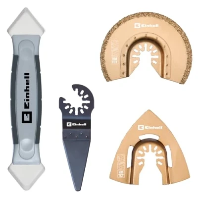 Immagine di Einhell Set di 4 piastrelle multiuso (accessori per utensili multifunzione, sistema Starlock, piastrelle, raspa delta, lama segmentata, raschietto, levigatrice fughe