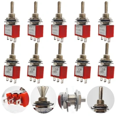 Immagine di CESFONJER Mini Interruttore a levetta, 3 Pin Position Toggle Switch, AC 125V 6A / 250V 2A SPDT ON Off (Rosso, 10 Pezzi)