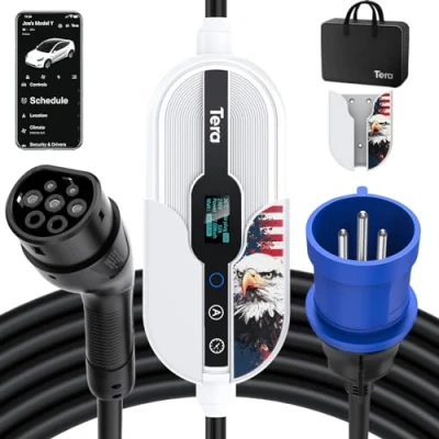 Immagine di Tera Smart EV Cargador portátil 7,6 kW Tipo 2 Solo para Uso en Interiores CE&amp;TüV 16 32A&amp;App WLAN Bluetooth o montado la Pared Cable 7 Metros Enchufe monofásico CEE Blanco Águila