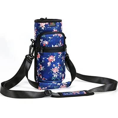 Immagine di Nuovoware Borsa per Borraccia in Neoprene da 25oz/710ml, Custodia Bottiglia con Tracolla Regolabile Maniglia e 2 Tasche Portatile Porta Ciclismo, Campeggio, Peonia Blu