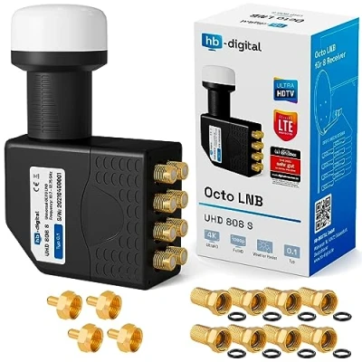 Immagine di hb digital Octo LNB (test molto buono*) Testa LNC per 8 partecipanti direttamente LTE Protected satellite Full HD TV 3D 4K UHD placcato oro protezione dalle intemperie nero + connettori