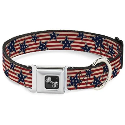 Immagine di Buckle Down Collare per Cani con Fibbia Cintura di Sicurezza, Motivo Stelle e Strisce, Rosso/Bianco/Blu/Bianco, Larghezza 2,5 cm, Adatto Collo da 38,1 a 66 Taglia L