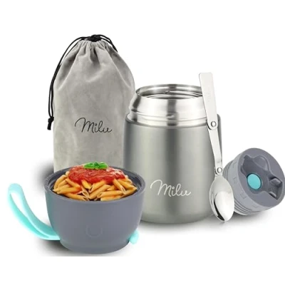 Immagine di Milu Thermo per Alimenti 300ml 440ml 450ml 650ml 800ml I Contenitore Termico di Acciaio Inossidabile, Isotermico Sottovuoto Cibi Caldi e Freddi (Grigio, 450ml)