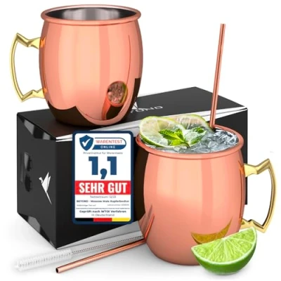 Immagine di Beyond Moscow Mule,Set di 2 bicchieri in rame con cannucce e spazzola per la pulizia, scatola design,Originale Mule Mug superficie liscia lucida come regalo casa festa