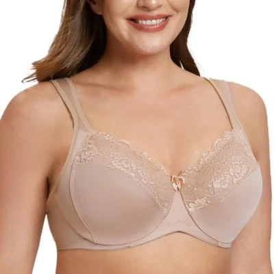 Immagine di MELENECA Donna Reggiseno Pizzo Minimizer Taglie Forti Cinghie Imbottite Coppa Piena con Ferretto Beige 10C