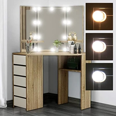Immagine di ML Design Tavolo Cosmetico per Trucco Tavolino ad Angolo Sonoma Toelette con Illuminazione Lampadine LED 3 Specchi 5 Cassetti Ripiani 110x141,5x54 cm Signore Ragazze Legno MDF Dressing Make up