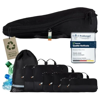 Immagine di TRAVEL DUDE Organizer Valigie Cubi da imballaggio a compressione realizzati con Bottiglie di Plastica Riciclata Set Viaggio per zaini o bagagli mano Valigia Nero, 4
