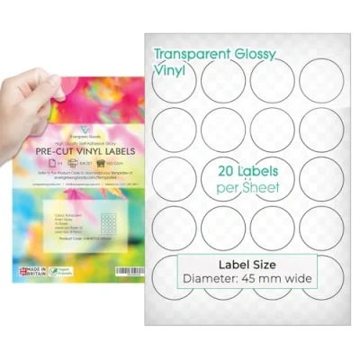 Immagine di Evergreen Goods™ etichette adesive rotonde pretagliate, formato A4, lucide, trasparenti, 45 mm (20 per foglio, 200 in totale), 10 fogli, stampabili a getto d&#039;inchiostro, autoadesive,