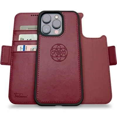 Immagine di dreem Fibonacci compatibile con iPhone 14 Pro Max custodia a portafoglio/custodia antiurto 2 in 1 e folio pelle vegana staccabile, MagSafe, protezione RFID [Borgogna]