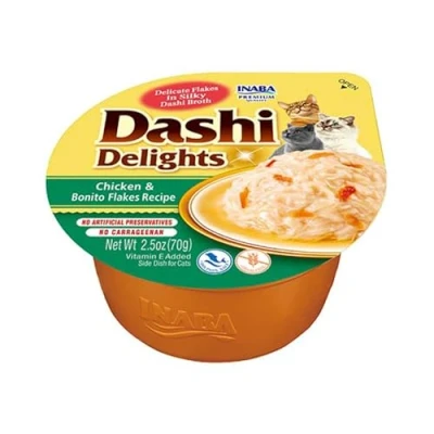 Immagine di INABA Dashi Delights, Delicati Fiocchi in Brodo di Pollo e Bonito Cibo Umido per Gatti con Snack Ricco Proteine, Ingredienti Naturali Pasto Complementare 1 x 70gr