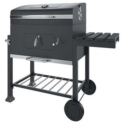 Immagine di Barbecue Grill A Carbonella BBQ Da Giardino Picnic Balcone Terrazzo Con Coperchio Ruote E Termometro Ripiano Laterale Ribaltabile 4 Ganci Manico In Acciaio Inox 106 x 46 114 cm Colore Nero