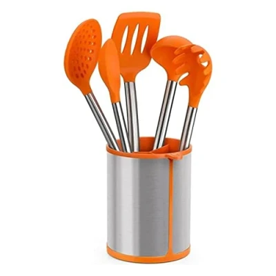 Immagine di BRA Efficient Set in Acciaio Inox, Nylon/Silicone, Colore Arancione, di 5 Utensili da Cucina e Cestello 14.5x15x37.5 Cm, Metallo, 14.5 x 15 37.5 cm