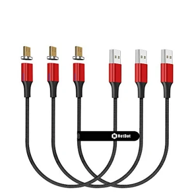 Immagine di NetDot Gen10 Micro USB Nylon Intrecciato Cavo di Ricarica Rapida Magnetica con LED Laterale Compatibile Dispositivo Android (0,3 m/3 Pack Rosso)