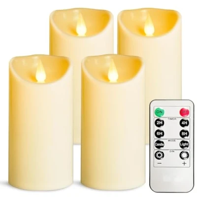 Immagine di YIWER Candele a LED senza fiamma, per interni ed esterni, funzionamento batteria, con timer remoto, non si sciolgono, candela in plastica color avorio, diametro 3,15 x altezza 6 cm, feste,