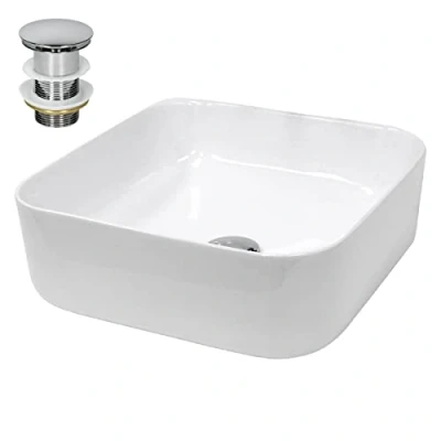 Immagine di ECD Germany Lavabo da Appoggio in Ceramica Bianco Quadrata 390x390x140 mm Design Moderno d&#039;Appoggio Lavandino Lavamano con Set Scarico Lavabile 1 1/4&quot; Piletta Ottone Cromato