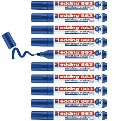 Immagine di edding 663 Pennarello per lavagne bianche Blu 10 penne punta a scalpello da 1 5 mm cancellabile, lavagna bianca, magnetica, memo, cavalletto conferenze, sketchnotes Ricaricabile