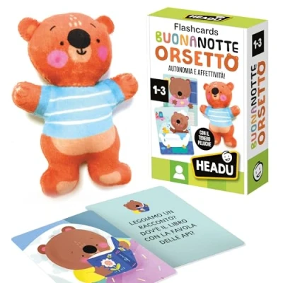 Immagine di HEADU Flashcards Buonanotte Orsetto, Sviluppa l’Autonomia e l’Affettività, Un Gioco Educativo per Bambini dai 1 ai 3 anni, Made in Italy