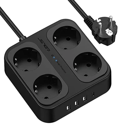 Immagine di JSVER Ciabatta Multipresa con 4 Compartimenti, 3 USB A e 1 Presa C Interruttori, Cavo di Prolunga Protezione da Sovratensione del Gruppo Muro per l&#039;Ufficio Casa, 1,8 m Nero