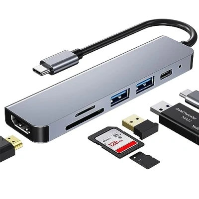 Immagine di Hub Adattatore multi porta usb C per MacBook Pro,6 in 1 a HDMI compatibile con computer portatili e altri dispositivi di tipo C(4K USB3.0 Card Reader 87W PD) (hub c(Grey))
